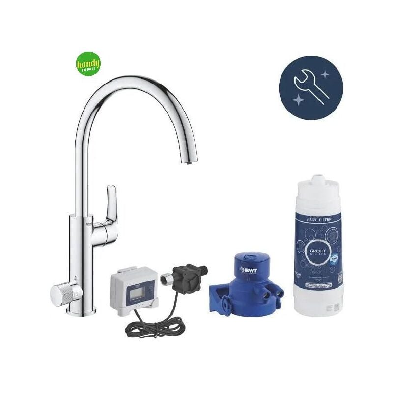 foto del prodotto rubinetto miscelatore monocomando 2 in 1 per lavello serie serie blue pure baucurve starter kit con filtro a 5 fasi taglia s 3 8 grohe
