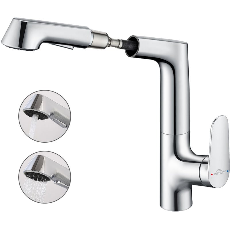 foto del prodotto rubinetto miscelatore monocomando cucina lavello con doccetta estraibile a 2 getti, rubinetto da cucina girevole a 360 , acqua calda e fredda