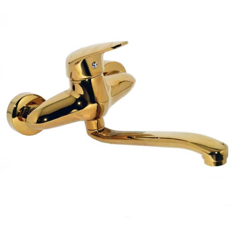 foto del prodotto rubinetto miscelatore parete lavello cucina oro lucido canna lunga due fori 183g
