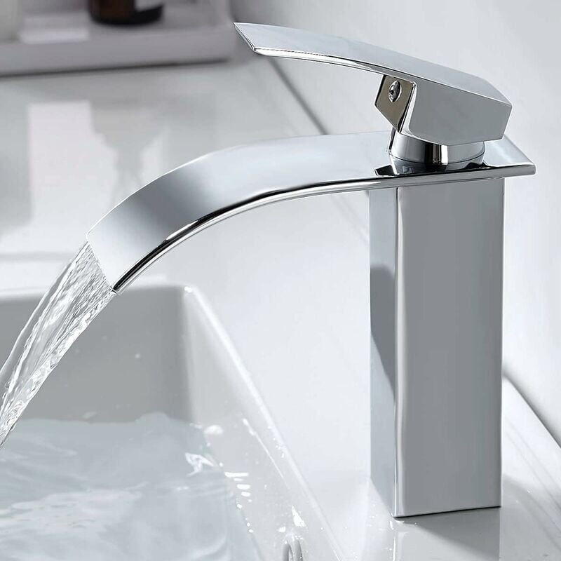foto del prodotto rubinetto moderno per bagno a cascata, rubinetto per lavabo a cascata dal design elegante, miscelatore per bagno in ottone, acqua calda e fredda