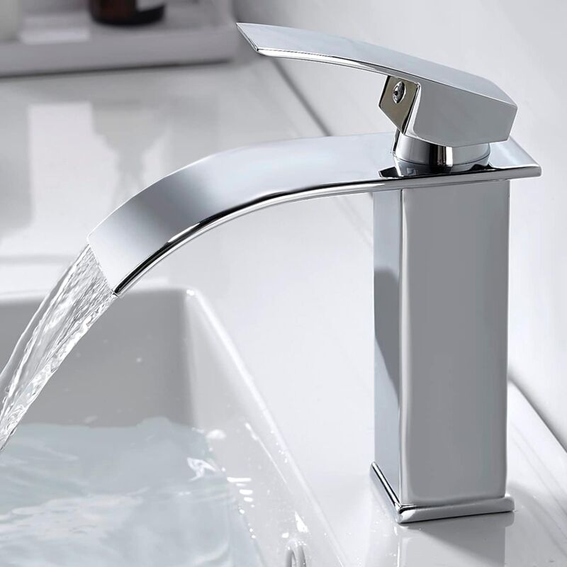 foto del prodotto rubinetto moderno per bagno a cascata, rubinetto per lavabo dal design elegante, miscelatore in ottone, acqua calda e fredda disponibile, rubinetto