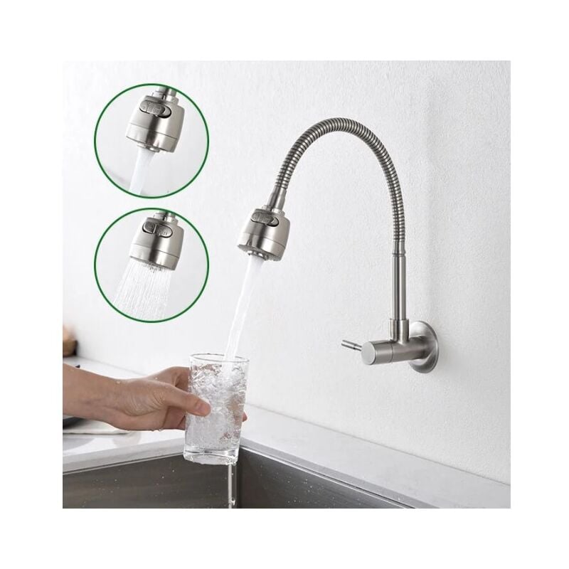 foto del prodotto rubinetto per acqua fredda a parete con miscelatore da cucina a molla in memory foam, miscelatore monocomando per lavello in acciaio inossidabile
