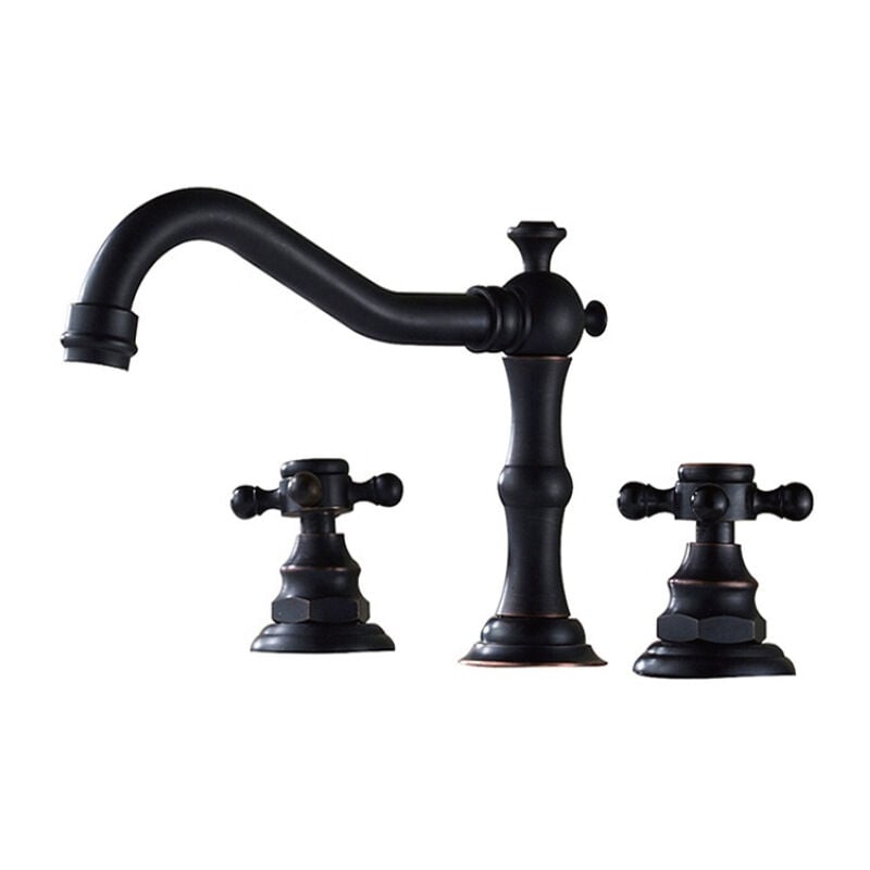 foto del prodotto rubinetto per bagno a 3 fori, rubinetto per lavabo da bagno in ottone anticato nero opaco, doppia maniglia, rubinetto per bagno vintage