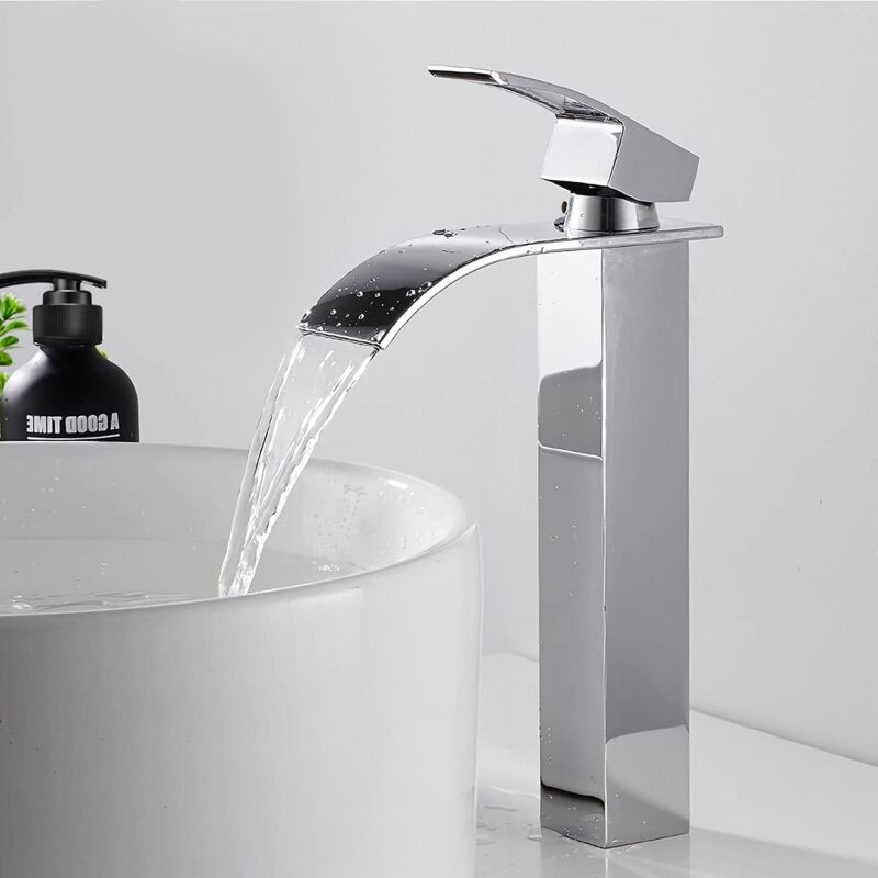 foto del prodotto rubinetto per bagno a cascata alta, miscelatore monocomando cromato argento, rubinetto per lavabo, acciaio inossidabile sus304, resistente,