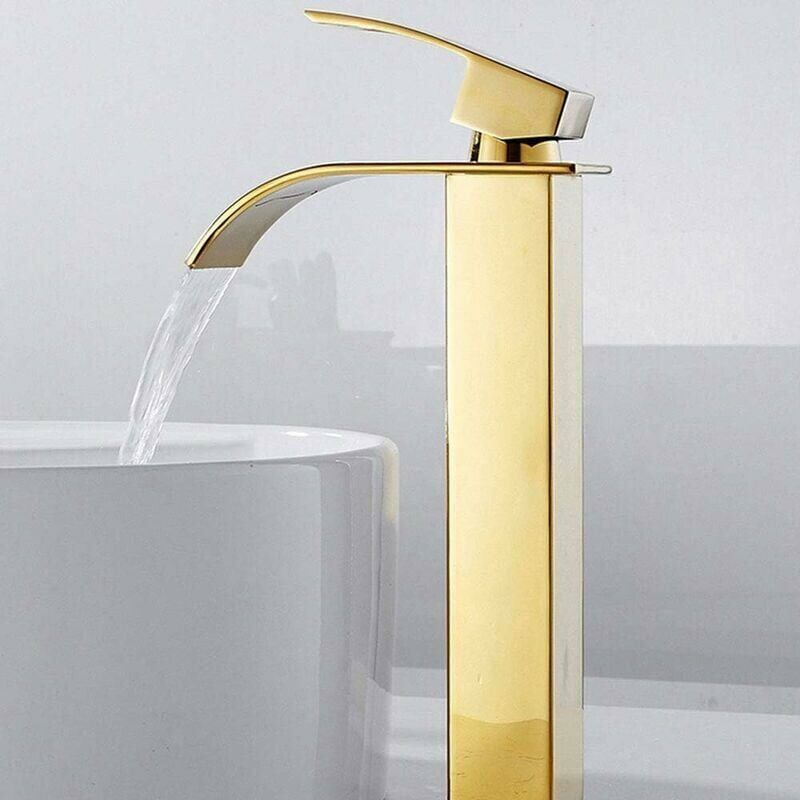 foto del prodotto rubinetto per bagno a cascata con beccuccio alto, moderno, per acqua calda e fredda, quadrato, cromato, foro singolo oro xvx