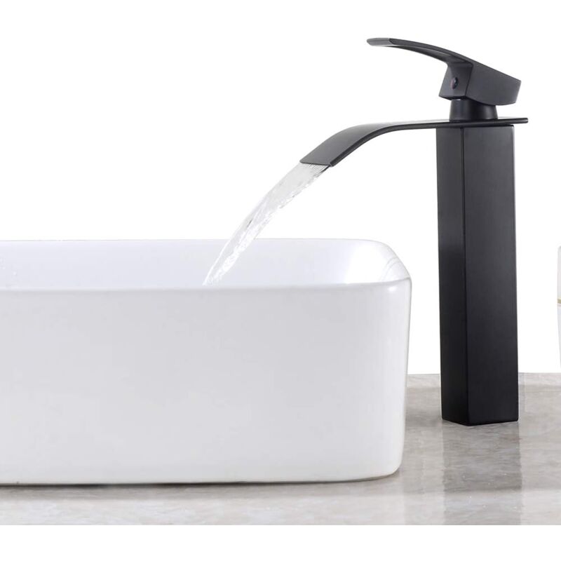 foto del prodotto rubinetto per bagno a cascata con leva singola nera, miscelatore per lavabo quadrato in ottone, miscelatore per lavabo da appoggio alto, acqua calda