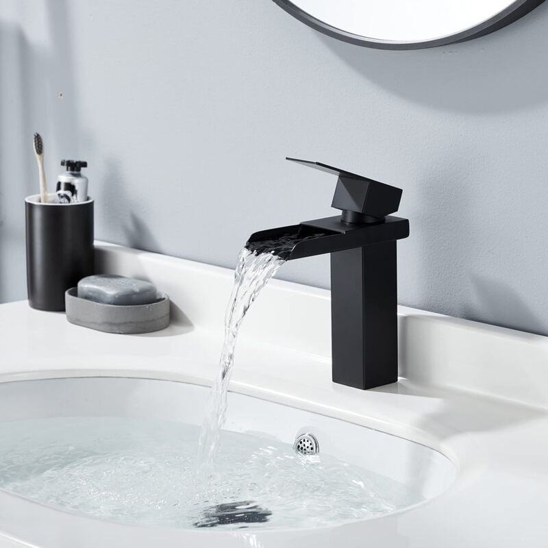 foto del prodotto rubinetto per bagno a cascata con maniglia singola, rubinetto per lavabo cromato, acqua calda e fredda regolabile, foro singolo in ottone