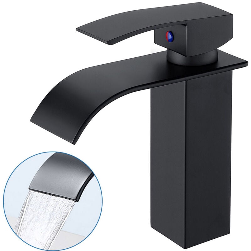 foto del prodotto rubinetto per bagno a cascata miscelatore per lavabo caldo e freddo regolabile rubinetto lavabo cascata per bagno in ottone e acciaio inox nero