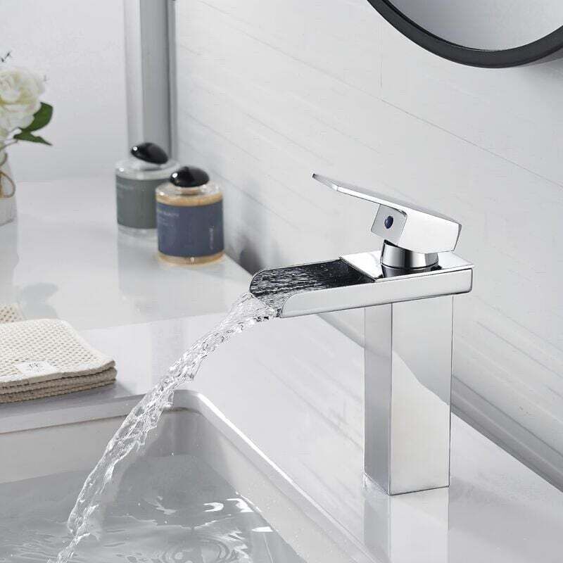 foto del prodotto rubinetto per bagno a cascata, moderno rubinetto per lavabo in ottone cromato, bocca larga quadrata, miscelatore per bagno, rubinetto per lavabo,