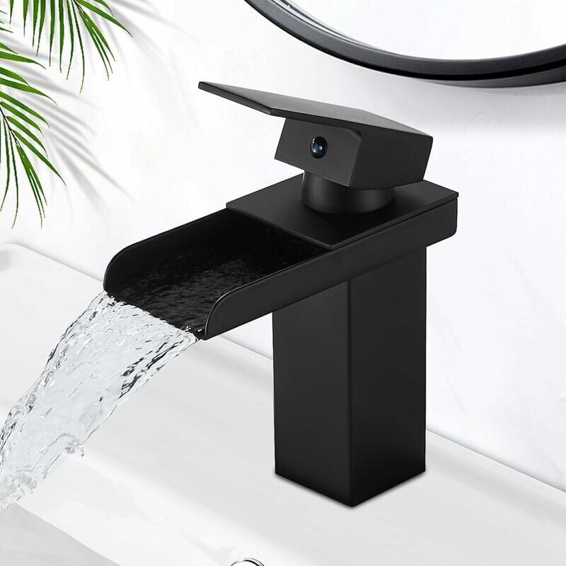foto del prodotto rubinetto per bagno a cascata nero opaco, acqua calda e fredda disponibile, valvola in ceramica, rubinetto per bagno con design a cascata concavo, g