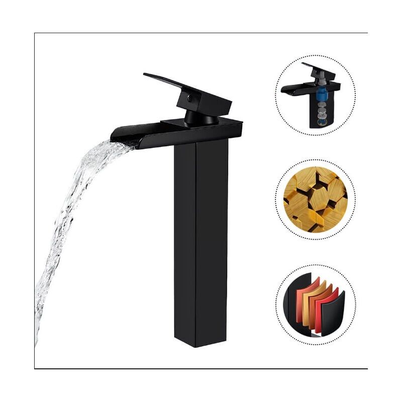 foto del prodotto rubinetto per bagno a cascata nero opaco, miscelatore per lavabo a cascata alto, rubinetto per lavabo quadrato in ottone da appoggio, rubinetto per