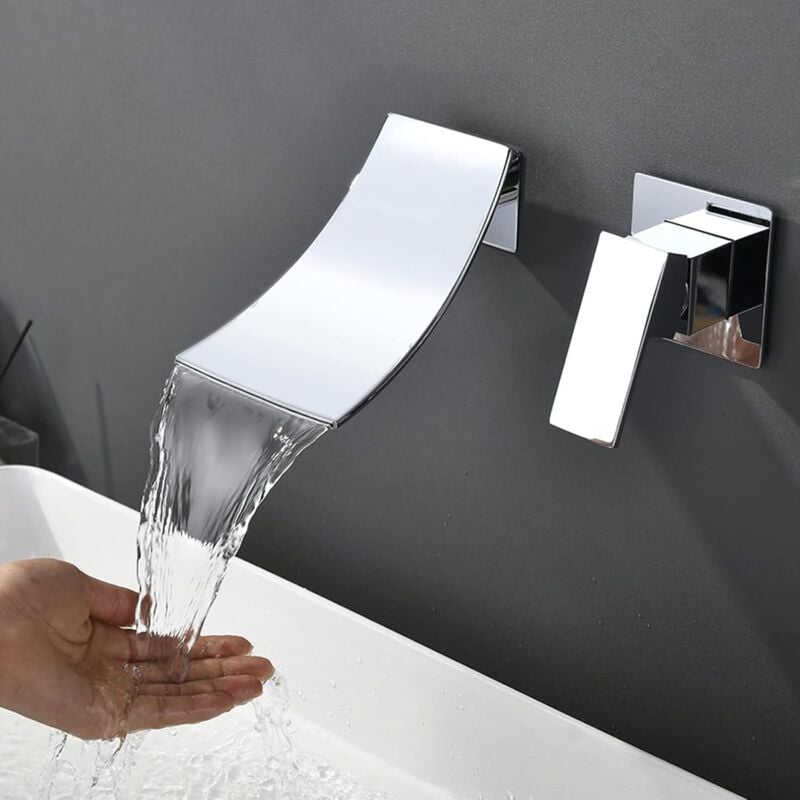 foto del prodotto rubinetto per bagno a cascata, rubinetto per lavabo a parete nascosto - rubinetto a parete a 2 fori con maniglia singola e miscelatore a beccuccio