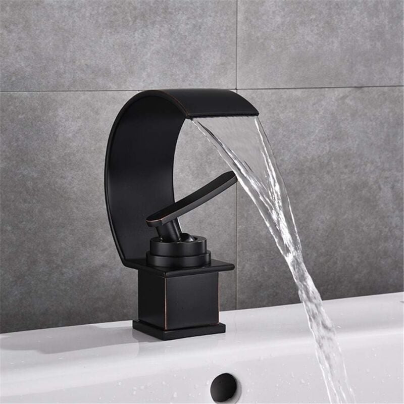foto del prodotto rubinetto per bagno cascata miscelatore per lavabo moderno acqua calda e fredda nero