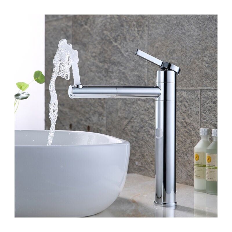 foto del prodotto rubinetto per bagno, miscelatore per lavabo girevole a 360 , con beccuccio alto, in ottone cromato, per lavabo.
