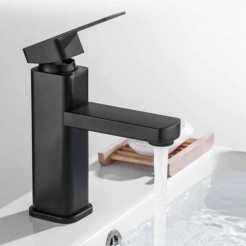 foto del prodotto rubinetto per bagno moderno nero opaco, rubinetto per lavabo dal design elegante, miscelatore per lavabo in ottone nero, miscelatore per bagno con