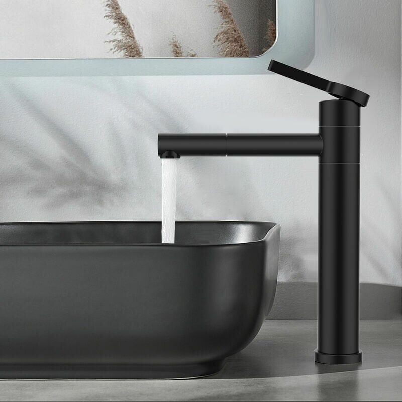 foto del prodotto rubinetto per bagno nero, miscelatore per lavabo alto, rubinetto girevole a 360 , miscelatore per lavabo in acciaio inox