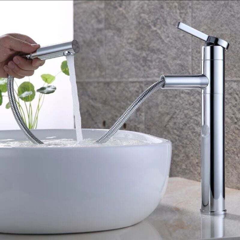 foto del prodotto rubinetto per bagno, rubinetto per lavabo girevole a 360 , bocca alta, estraibile, adatto per lavabi, rubinetto per lavabo in ottone cromato
