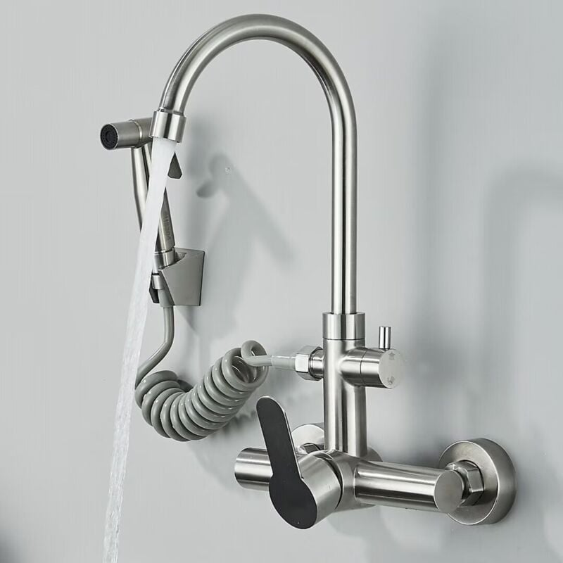 foto del prodotto rubinetto per cucina a muro,rubinetto da muro con doccetta,miscelatore caldo e freddo girevole a 360 , acciaio inossidabile spazzolato