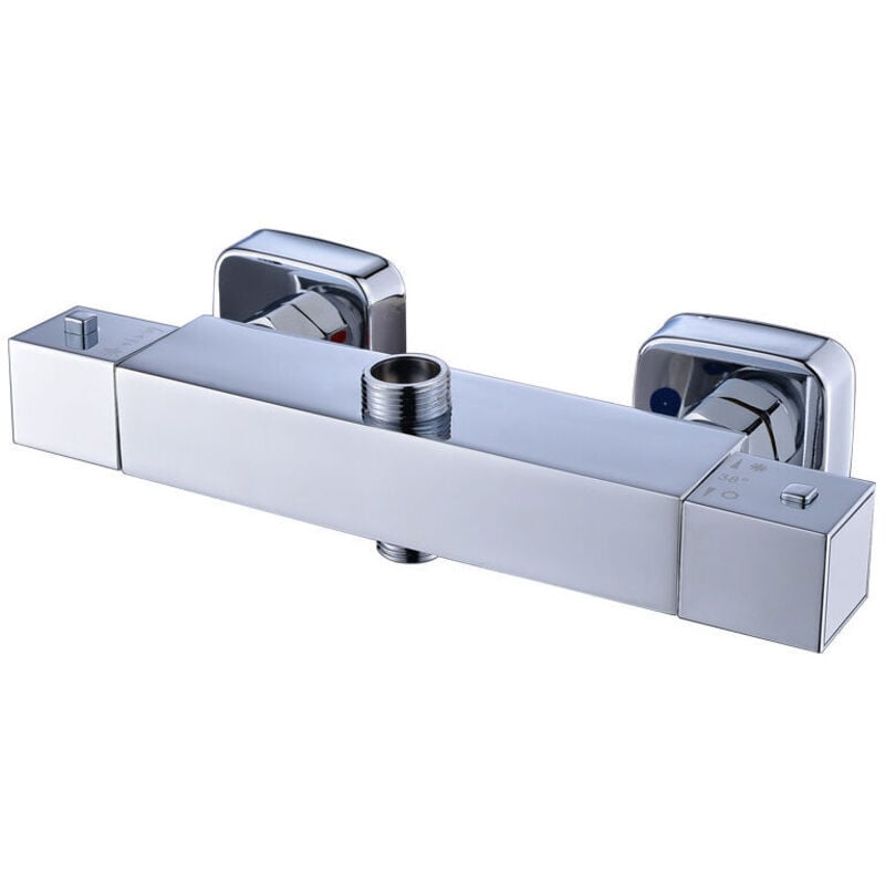 foto del prodotto rubinetto per doccia termostatico quadrato, rubinetto per bagno cromato, doppia uscita