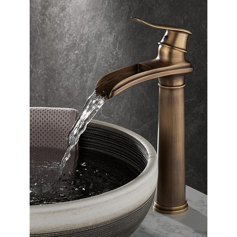 foto del prodotto rubinetto per lavabo a cascata nero sjqka miscelatore per lavabo alto da bagno, miscelatore a cascata, miscelatore per lavabo alto, ottone