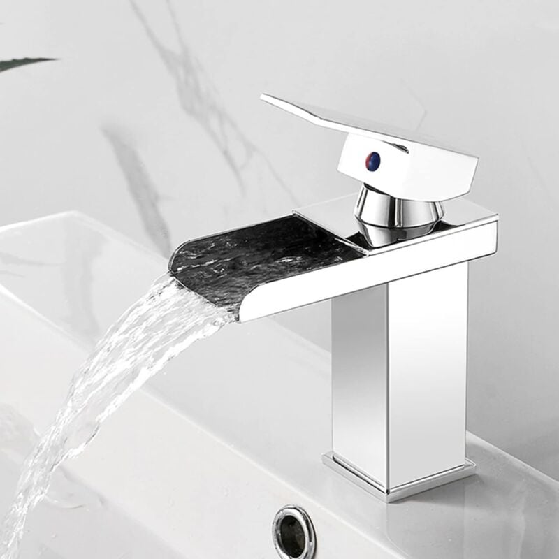 foto del prodotto rubinetto per lavabo a cascata, rubinetto per lavabo in acciaio inox con beccuccio a cascata, miscelatore per lavabo monoforo, cromato, corto