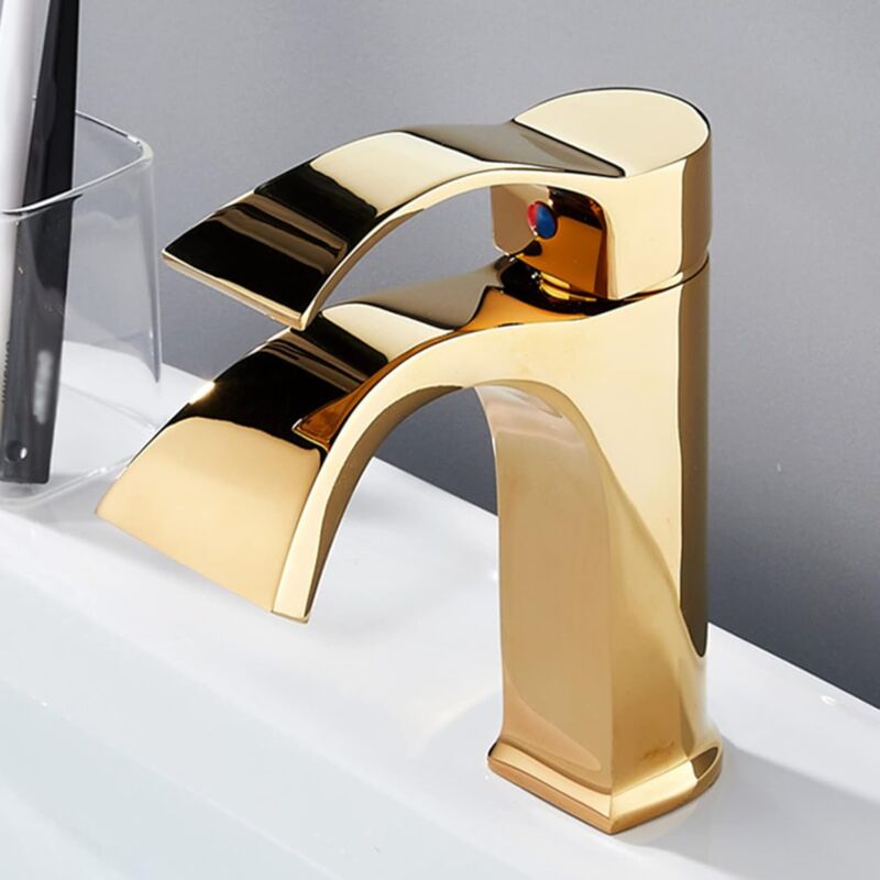 foto del prodotto rubinetto per lavabo cascata moderno miscelatore monocomando rubinetto per bagno caldo e freddo regolabile oro