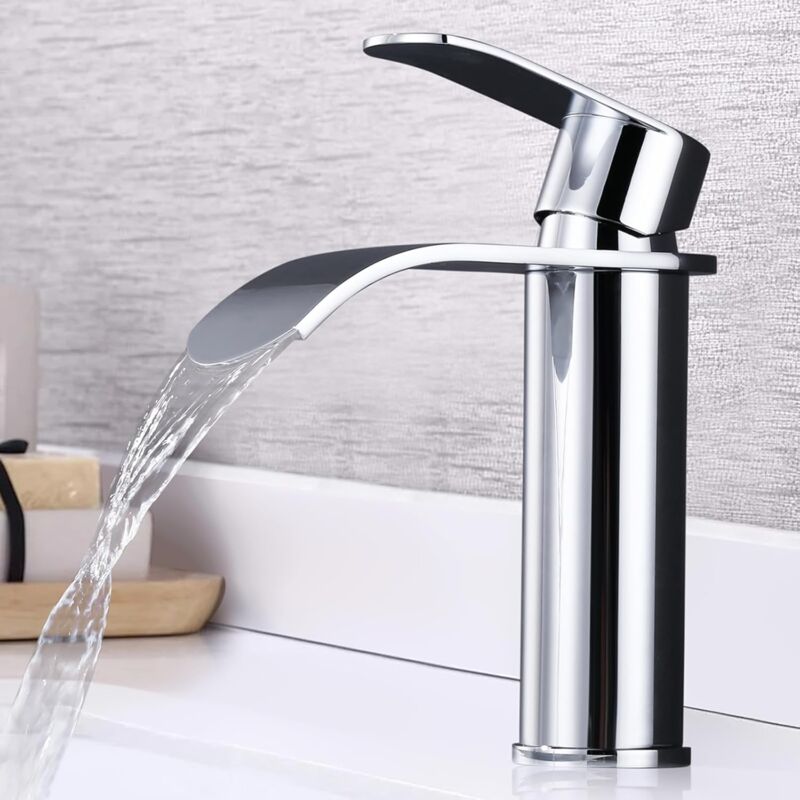 foto del prodotto rubinetto per lavabo da bagno, bocca a cascata, miscelatore monocomando per lavabo, silenzioso, cromato