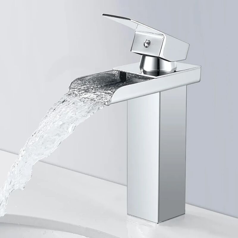foto del prodotto rubinetto per lavabo da bagno con cascata, rubinetto per lavabo a leva singola con design a cascata concavo in acciaio inossidabile