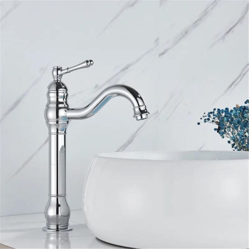 foto del prodotto rubinetto per lavabo da bagno con maniglia singola montato sul ponte in rame antico, miscelatore a beccuccio lungo per lavabo, rubinetto per lavabo