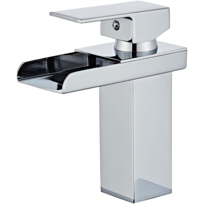 foto del prodotto rubinetto per lavabo da bagno cromato con tubo flessibile di alimentazione, miscelatore per lavabo monoforo dal design unico