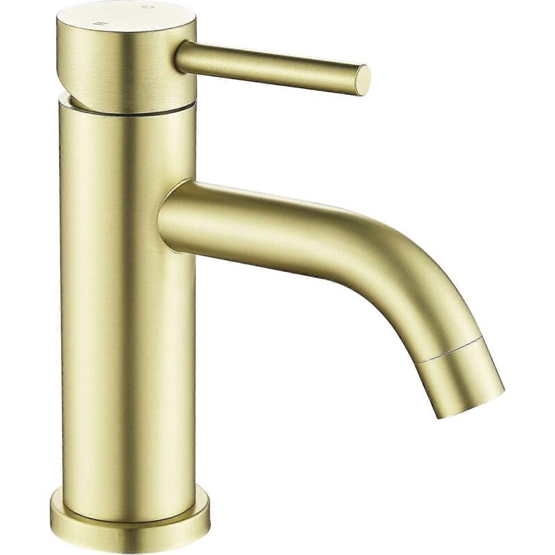 foto del prodotto rubinetto per lavabo da bagno dorato, rubinetto per bagno monoforo, miscelatore per lavabo in oro spazzolato, rubinetto per bagno moderno in acciaio