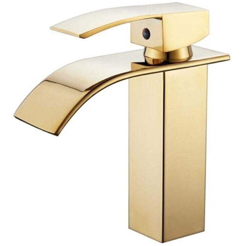 foto del prodotto rubinetto per lavabo da bagno, moderno rubinetto a cascata con foro singolo, colore oro xvx