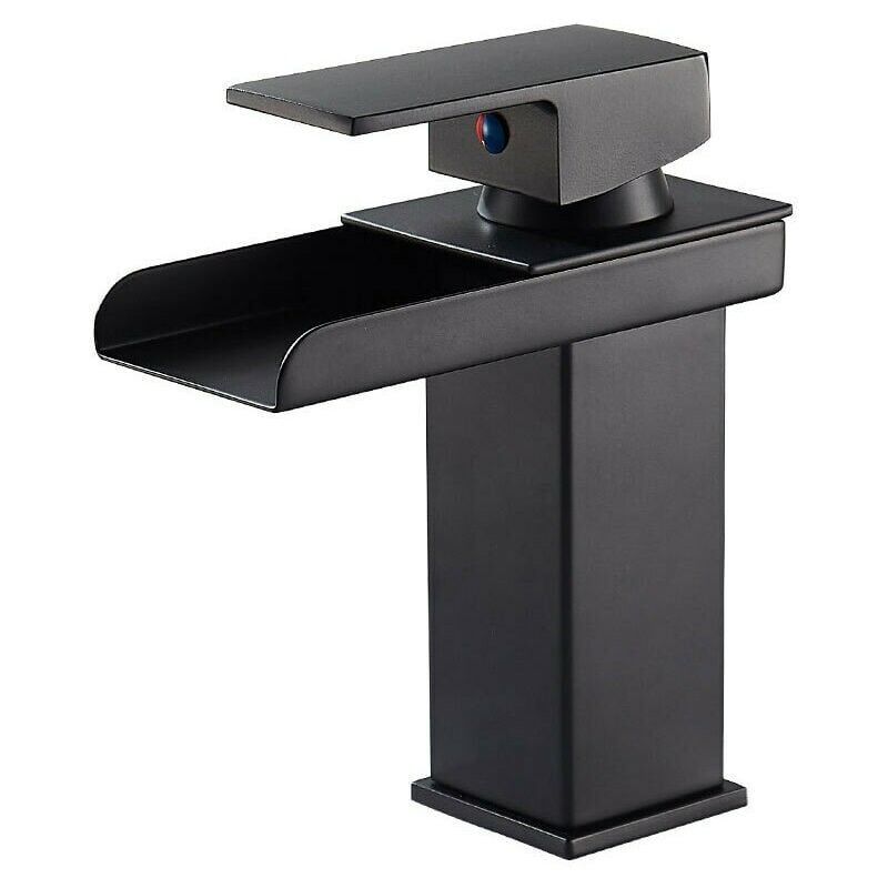 foto del prodotto rubinetto per lavabo in rame a quattro lati, rubinetto a cascata laccato nero con ampia apertura, lavandino del bagno, miscelatore per acqua calda e