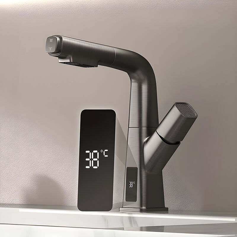 foto del prodotto rubinetto per lavabo intelligente di lusso in rame grigio, display digitale, controllo preciso dell acqua calda e fredda, rotazione a 360 per un