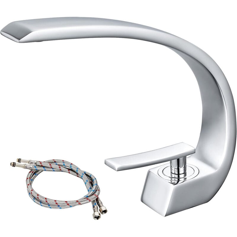 foto del prodotto rubinetto per lavabo, miscelatore per lavabo monoforo, rubinetto per bagno moderno in ottone cromato, acqua calda e fredda disponibile