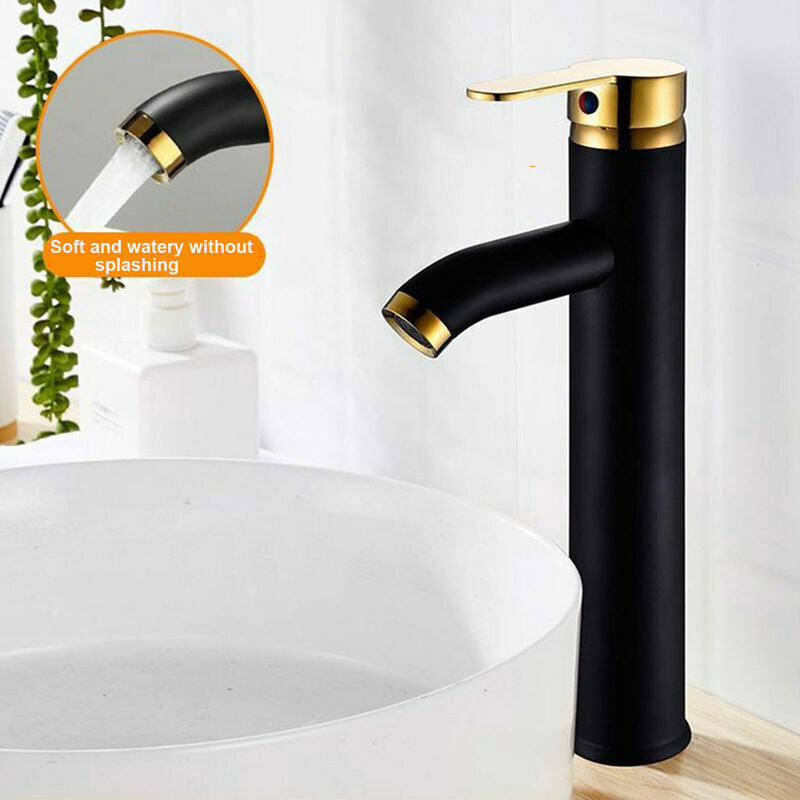 foto del prodotto rubinetto per lavabo monocomando nero opaco bocca alta monoforo per bagno colore nero e oro