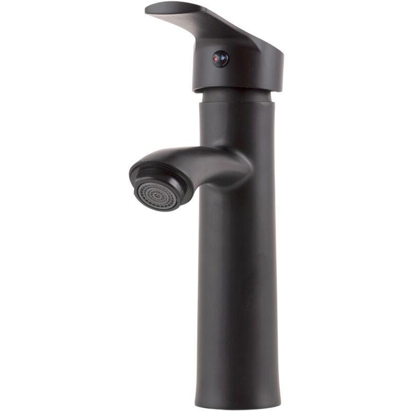 foto del prodotto rubinetto per lavabo ottone zinco, nero, acqua calda fredda, tubi flessibili, bocca bassa, leva singola qli fa ss01 