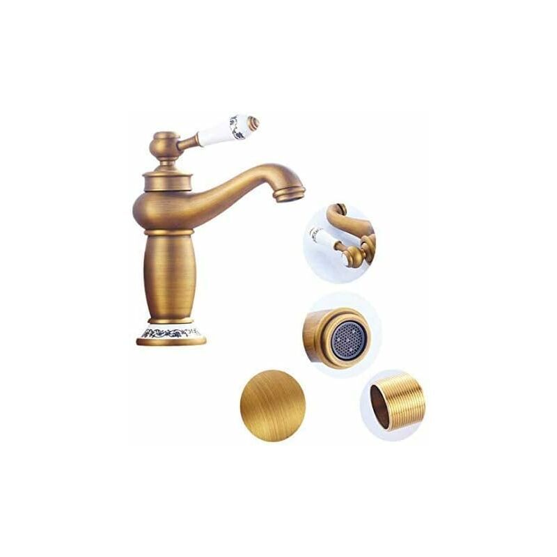 foto del prodotto rubinetto per lavabo retr con maniglia singola, rubinetto per lavabo in ceramica in ottone, porcellana blu e bianca, collo lungo, fiori vintage con