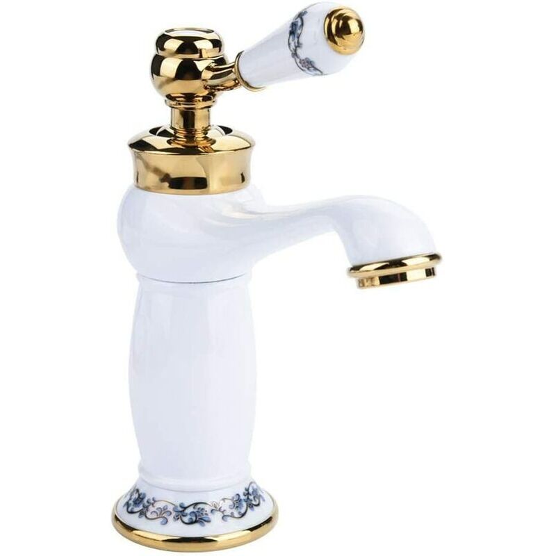 foto del prodotto rubinetto per lavabo retr con maniglia singola, rubinetto per lavabo in ceramica in ottone, porcellana blu e bianca, collo lungo, floreale vintage