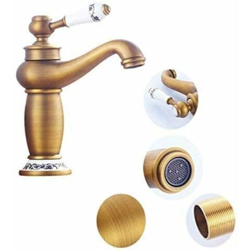 foto del prodotto rubinetto per lavabo retr con maniglia singola, rubinetto per lavabo in ceramica in ottone, porcellana blu e bianca, collo lungo, stile floreale