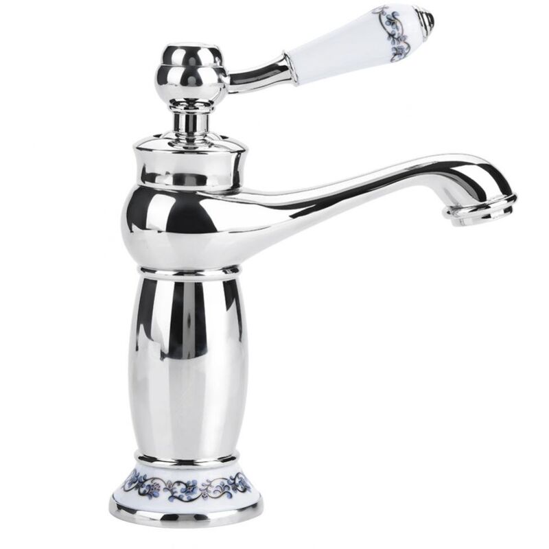 foto del prodotto rubinetto per lavabo retr con maniglia singola, rubinetto per lavabo in ottone e ceramica, collo lungo in porcellana blu e bianca