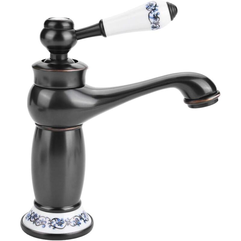 foto del prodotto rubinetto per lavabo retr con maniglia singola, rubinetto per lavabo in ottone e ceramica, porcellana blu e bianca, collo lungo, floreale vintage
