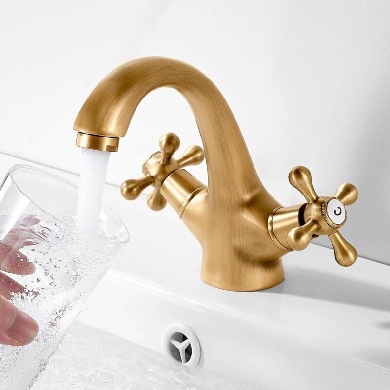 foto del prodotto rubinetto per lavabo retrò, miscelatore per lavabo spazzolato, rubinetto per bagno a doppia maniglia, rubinetto per lavabo in ottone anticato,