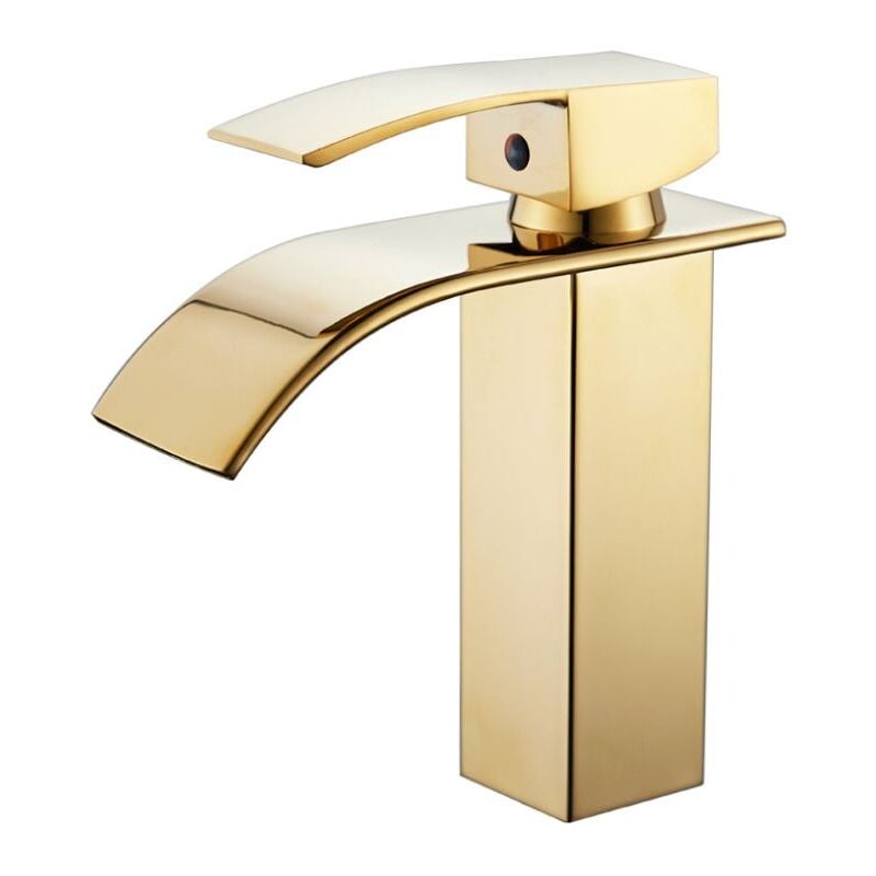 foto del prodotto rubinetto per lavabo, rubinetto per bagno moderno monoforo con bocca a cascata, colore oro