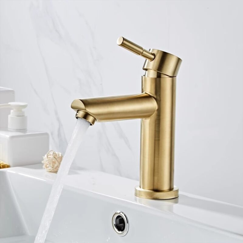foto del prodotto rubinetto per lavabo rubinetto per bagno, rubinetto per lavabo in ottone dorato spazzolato dal design moderno ed elegante, acqua calda e fredda