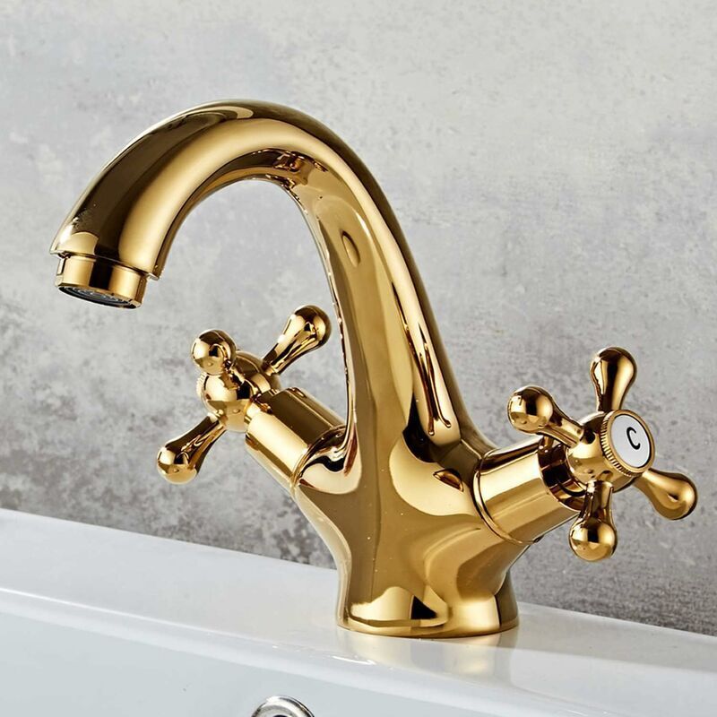 foto del prodotto rubinetto per lavandino del bagno retr , miscelatore a due maniglie, miscelatore per lavabo in ottone anticato vintage con maniglia a croce, design