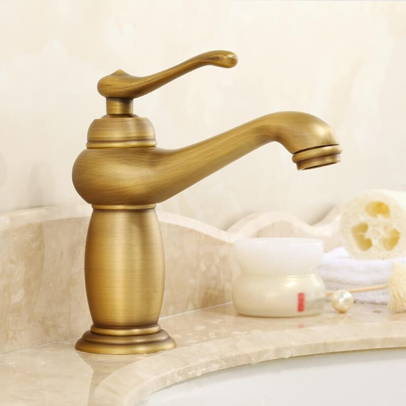 foto del prodotto rubinetto per lavandino in oro, rubinetto per lavandino del bagno, rubinetto per bagno vintage in rame pieno, rubinetto per bagno compatibile con