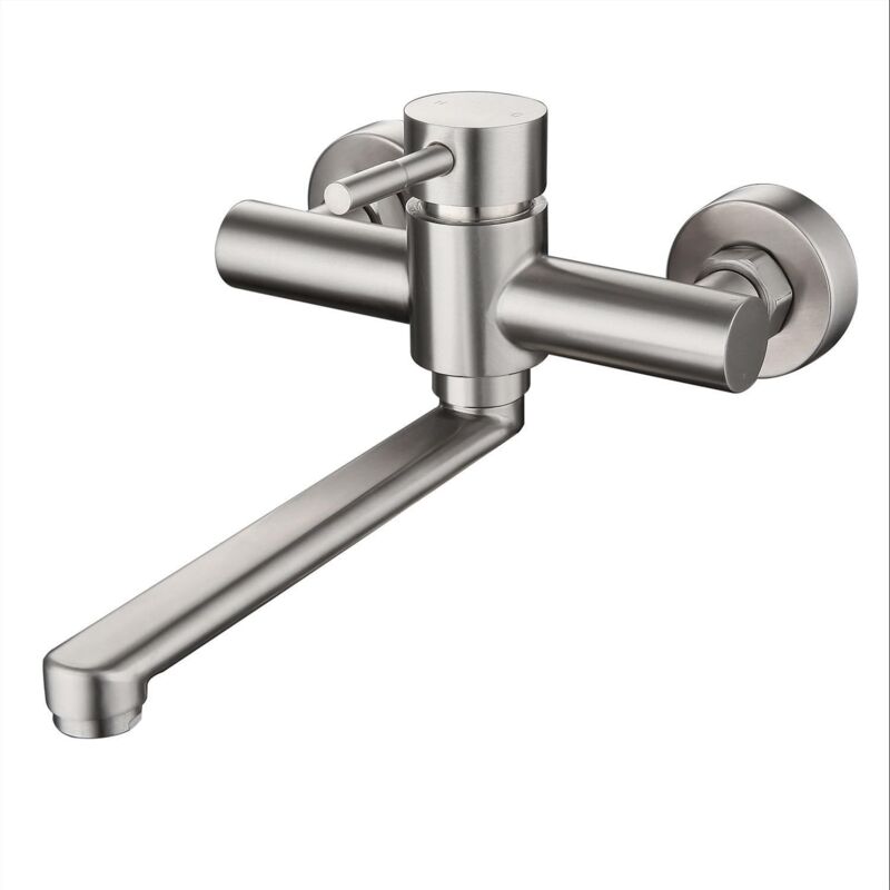 foto del prodotto rubinetto per lavello cucina, girevole a 360 , acciaio inox, montaggio a parete, miscelatore acqua calda e fredda