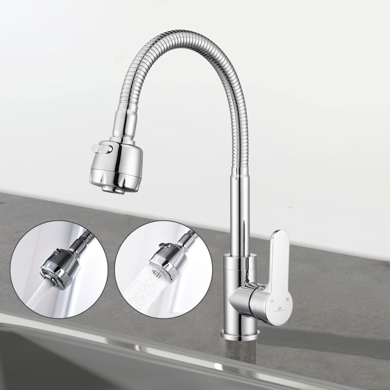 foto del prodotto rubinetto per lavello da cucina cromato, girevole a 360 , con tubo flessibile a molla, leva singola per acqua calda e fredda