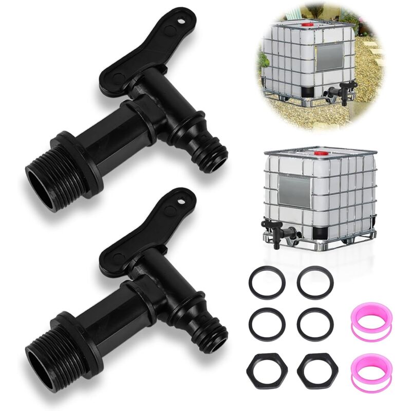 foto del prodotto rubinetto per serbatoio in plastica da 2 pezzi, rubinetto per serbatoio di acqua piovana con nastro in ptfe, valvola di scarico ibc, rubinetto per
